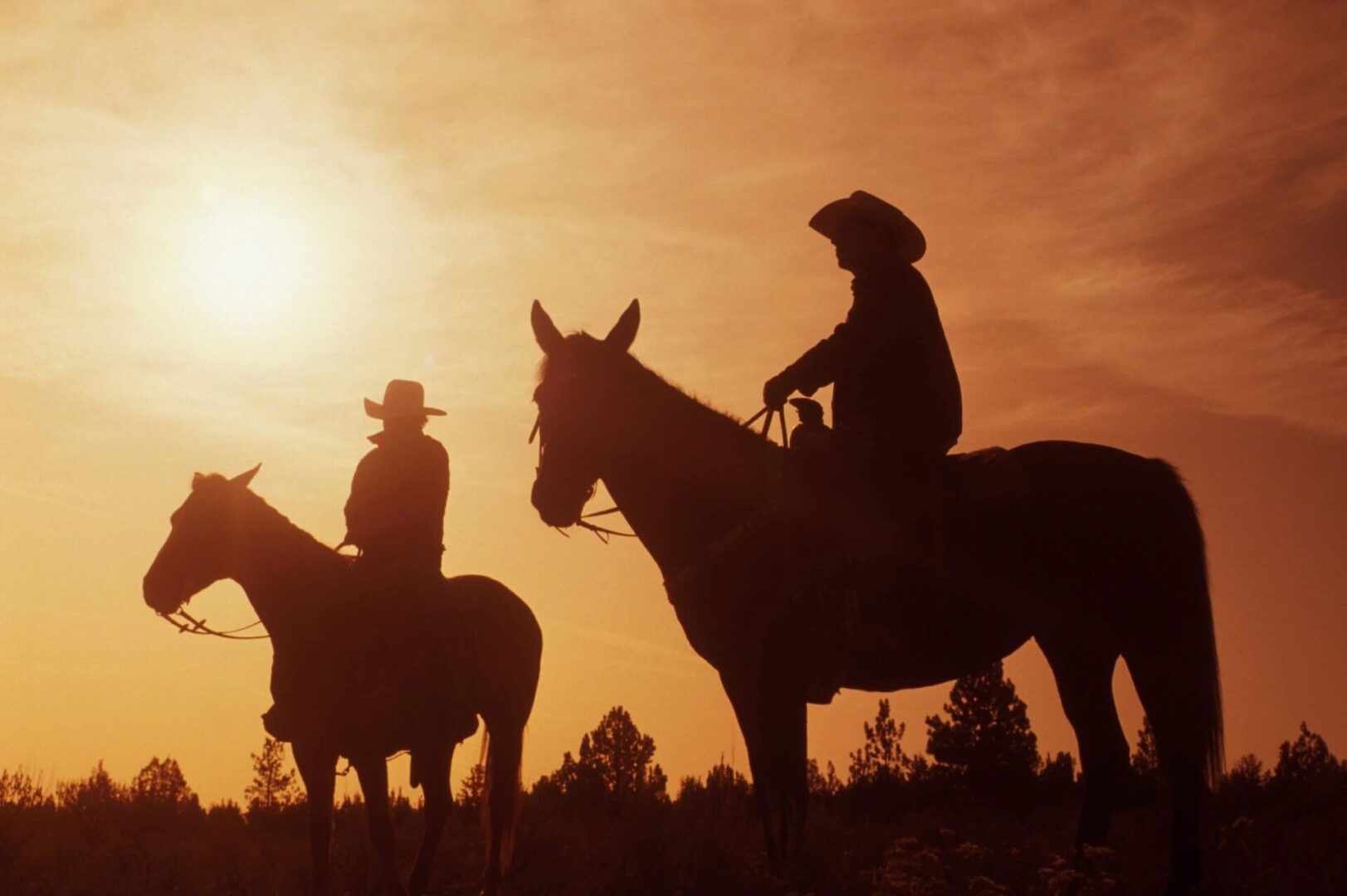 Two people riding horses in a field at sunset.